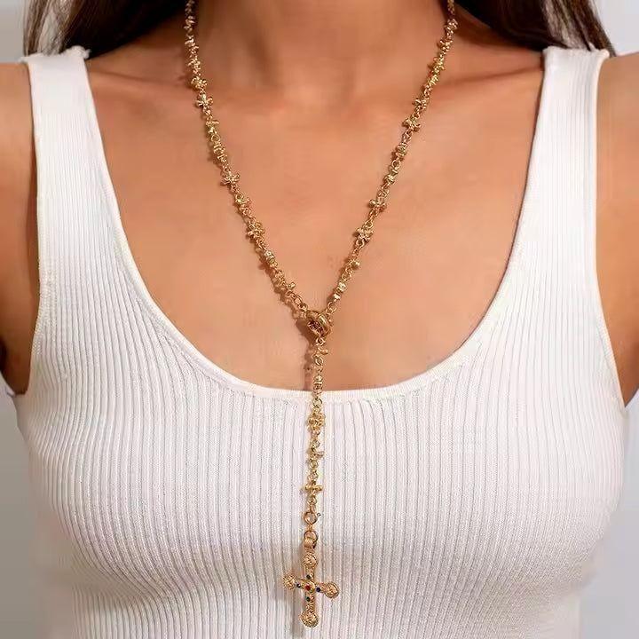 Dreamfix Goth Rhinestone Cross Jesus Pendant Choker Necklace Gold 32.4g - gtwtoporld.com