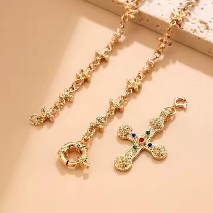Dreamfix Goth Rhinestone Cross Jesus Pendant Choker Necklace Gold 32.4g - gtwtoporld.com